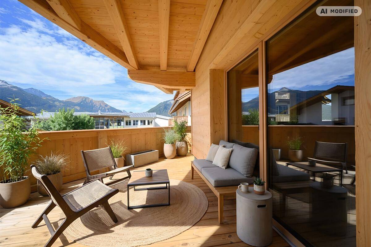 Gemütlicher Holzbalkon mit moderner Möblierung und beeindruckendem Bergblick unter blauem Himmel.