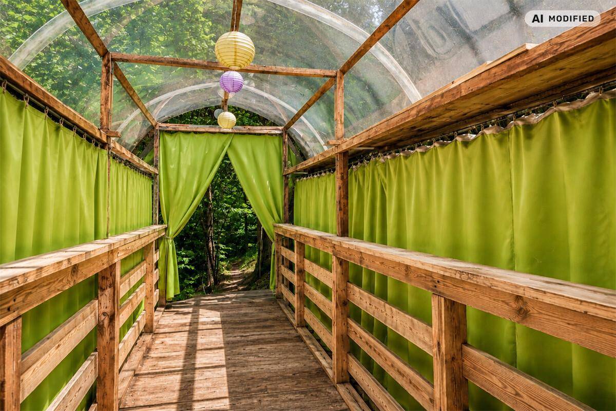 Überdachter Holzsteg mit transparentem Dach und grünen Vorhängen, der durch den Wald führt.