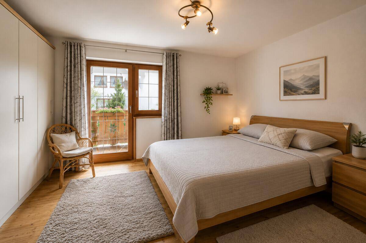 Helles Schlafzimmer mit Holzbett, Einbauschrank und direktem Zugang zu einem Balkon.