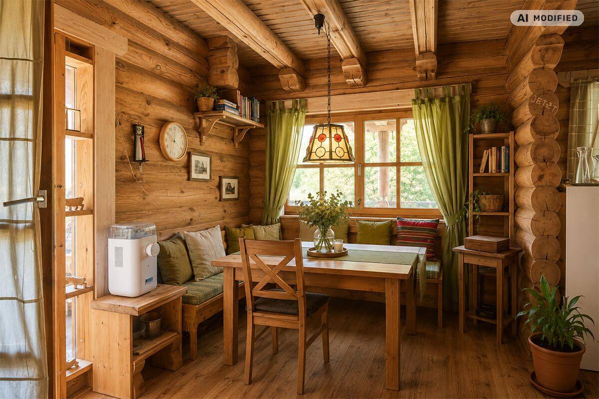 Rustikaler Essbereich mit Holztisch, Eckbank und grünen Vorhängen, umgeben von Holzwänden.