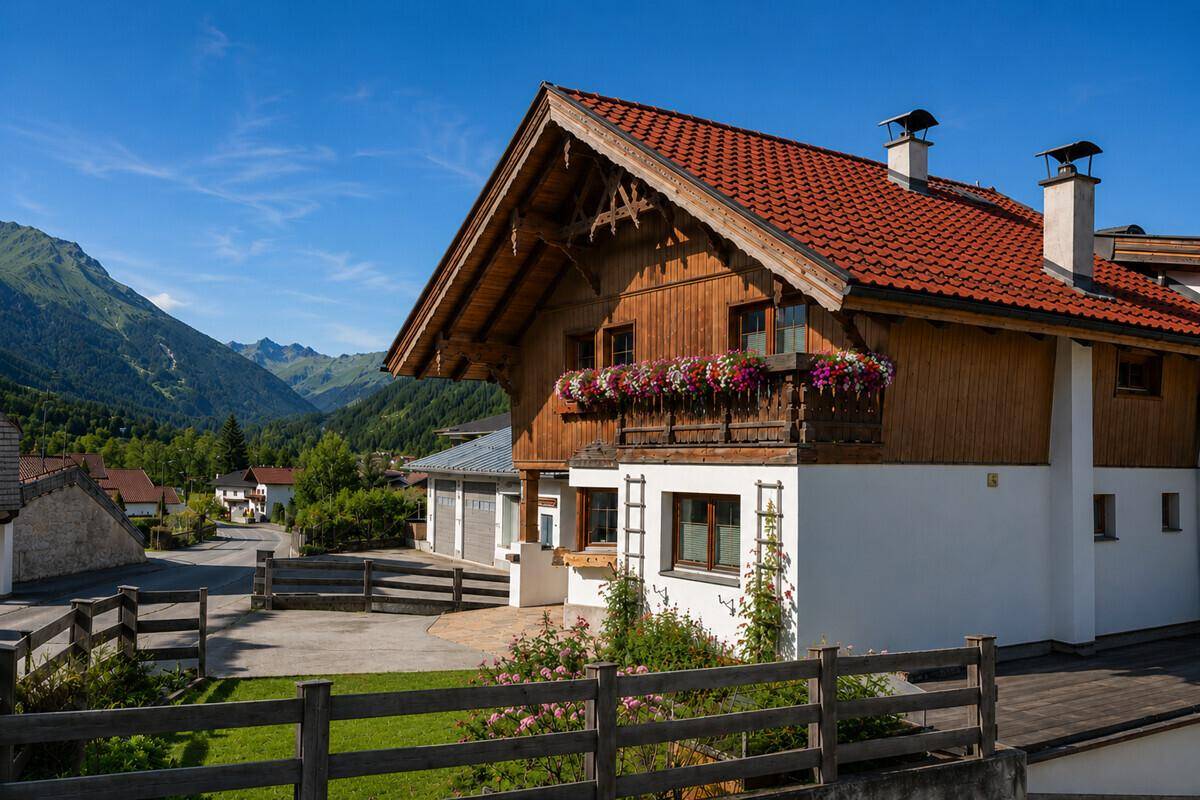 Alpines Holzhaus mit rotem Ziegeldach und blühendem Balkon vor einer beeindruckenden Bergkulisse.