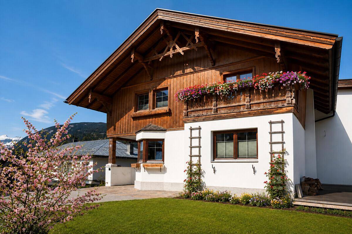 Traditionelles Alpenhaus mit Holzfassade, blühendem Balkon und gepflegtem Vorgarten unter blauem Himmel.