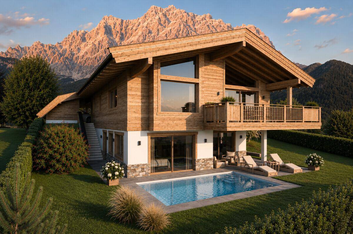 Luxuriöses Holzchalet mit privatem Pool, gepflegtem Garten und atemberaubendem Bergblick bei Sonnenuntergang.