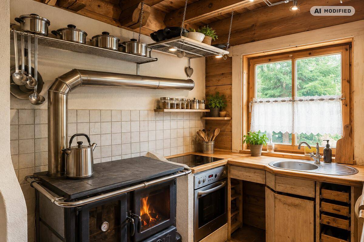 Rustikale Küche mit Holztheke, Kaminofen und integrierten Geräten, ideal für traditionelles Kochen.
