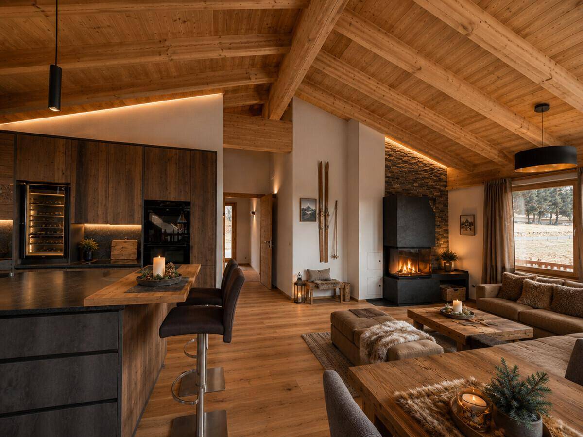 Elegante Küche mit integriertem Weinkühler und gemütlichem Wohnbereich mit modernem Kamin im alpinen Design.