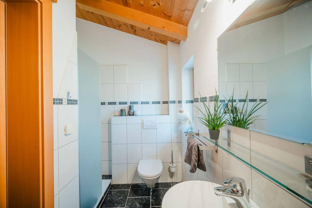 Funktionelles Badezimmer mit Dusche, WC und Waschbecken unter einer Holzdecke.