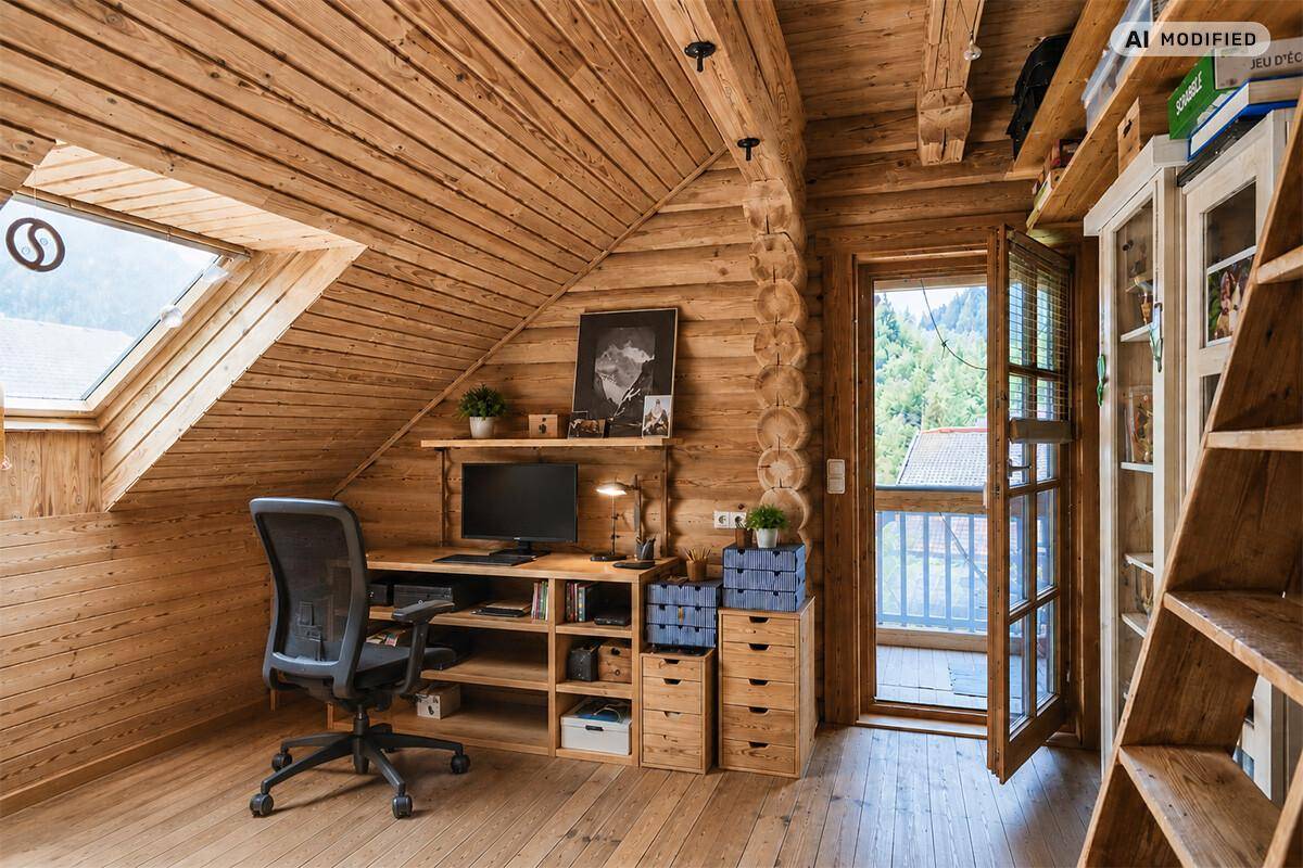 Helles Arbeitszimmer im Dachgeschoss mit Holzwänden, Schreibtisch und Zugang zu einem Balkon.