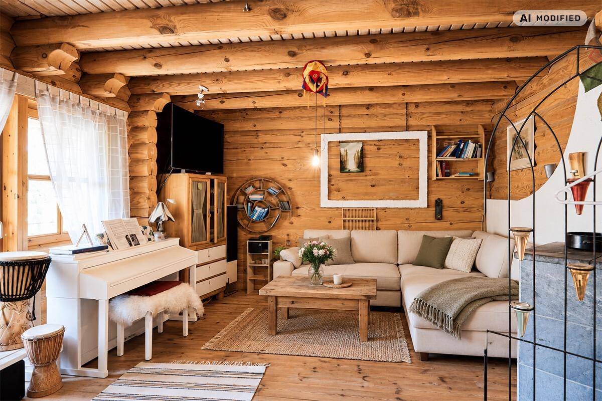 Gemütliches Wohnzimmer im alpinen Stil mit Holzwänden, beigem Sofa und einem Klavier.