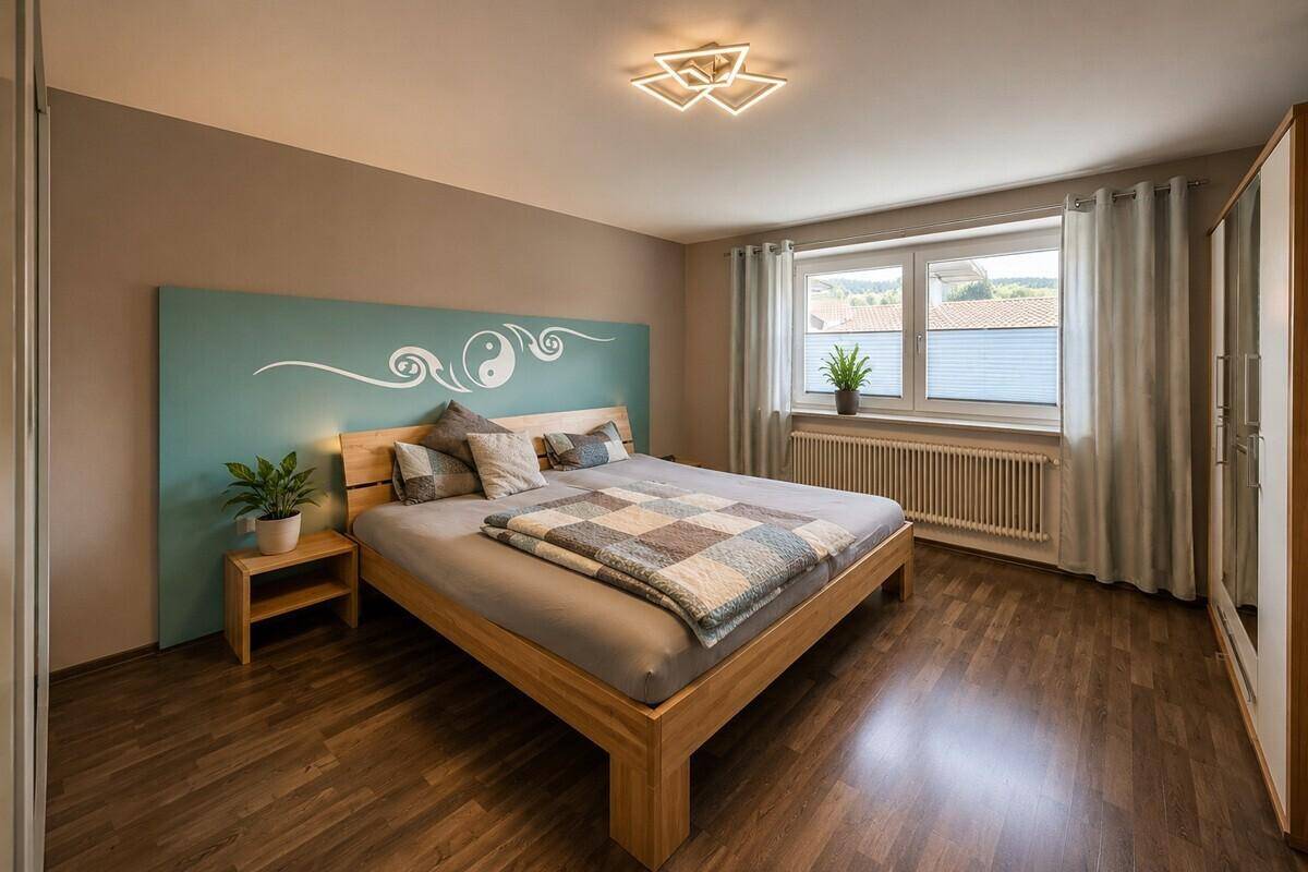 Gemütliches Schlafzimmer mit Doppelbett, Holzboden und modernem Kopfteil.