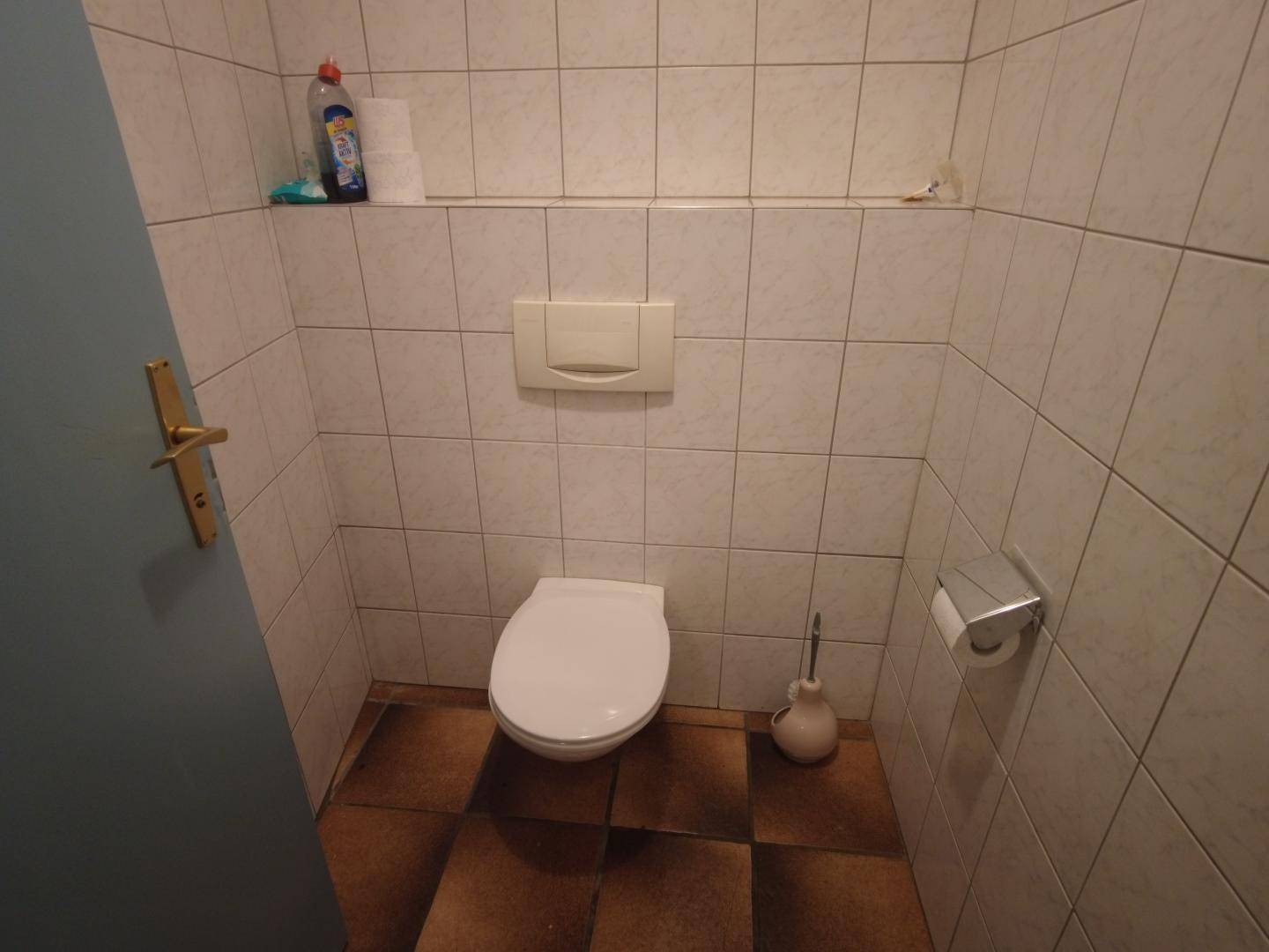 Geflieste Toilette mit Wand-WC und Toilettenpapierhalter.