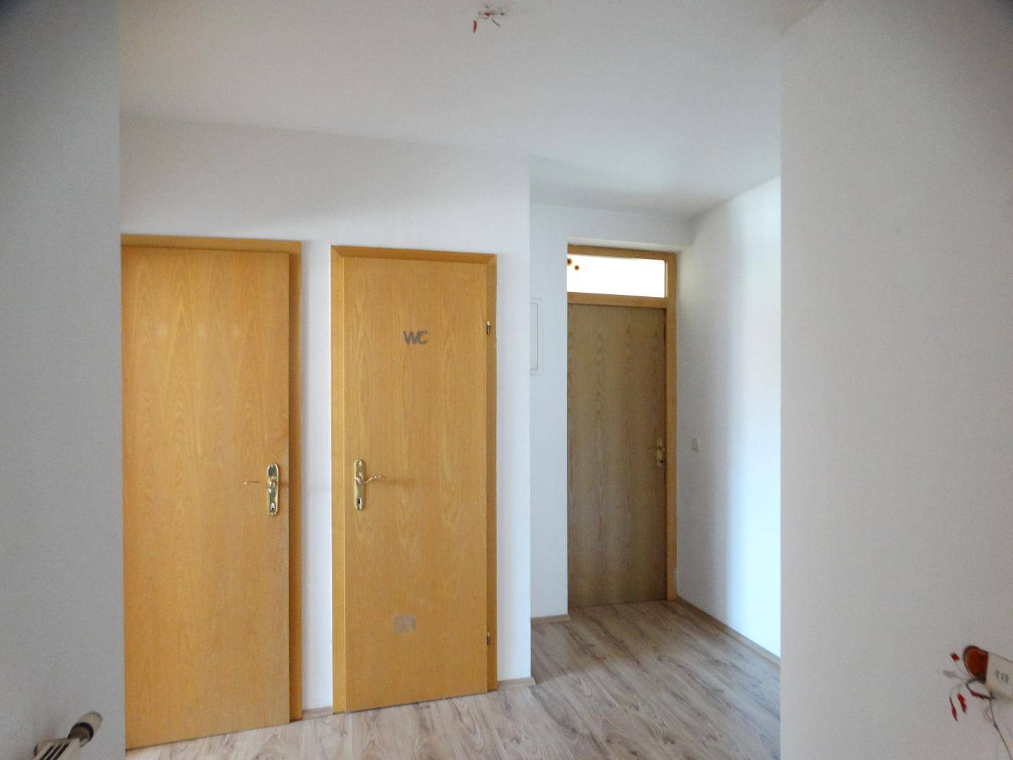 Heller Flur mit mehreren Holztüren, darunter eine Tür zum Gäste-WC.