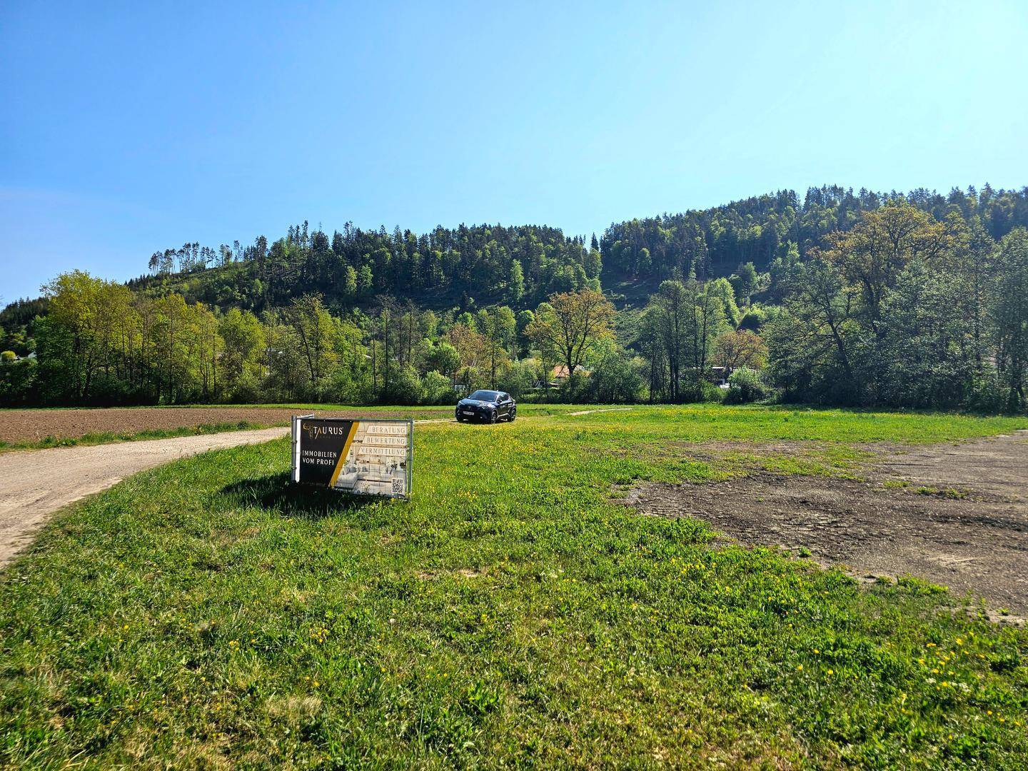 Offenes Feld mit einem Feldweg, einem geparkten Auto und bewaldeten Hügeln im Hintergrund.