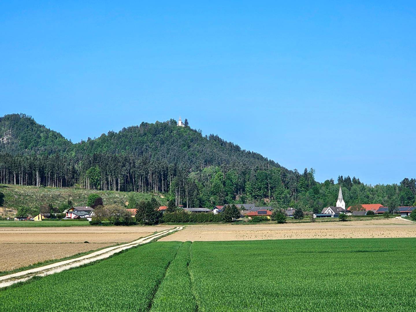 Grüne Felder und ein Feldweg führen zu einem malerischen Dorf mit bewaldeten Hügeln.