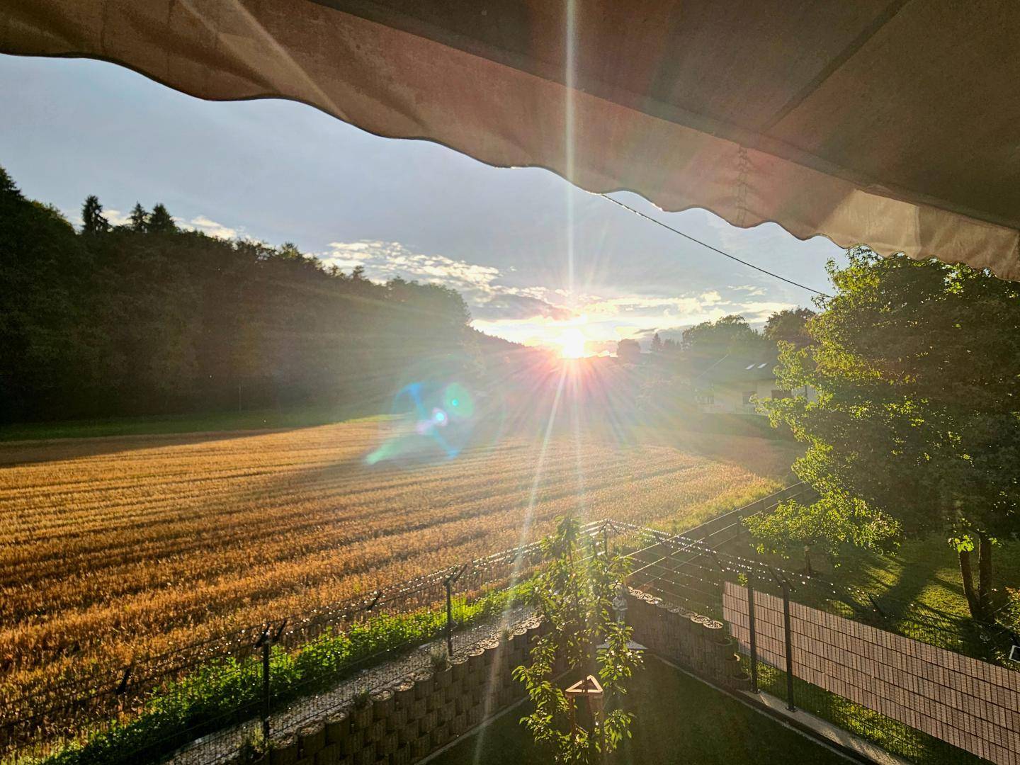 Sonnenuntergang über weiten Feldern und Wäldern, eingefangen von einem Balkon.