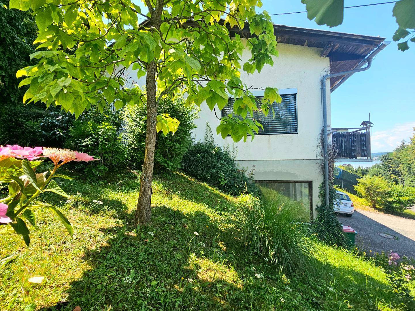 Seitenansicht des Hauses mit grünem Gartenhang und einem Baum im Vordergrund.