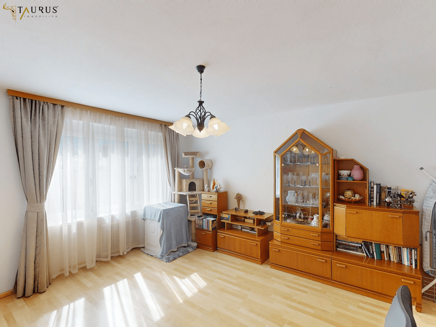 Geräumiges Wohnzimmer mit Holzmöbeln, großen Fenstern und einem Kratzbaum für Haustiere.