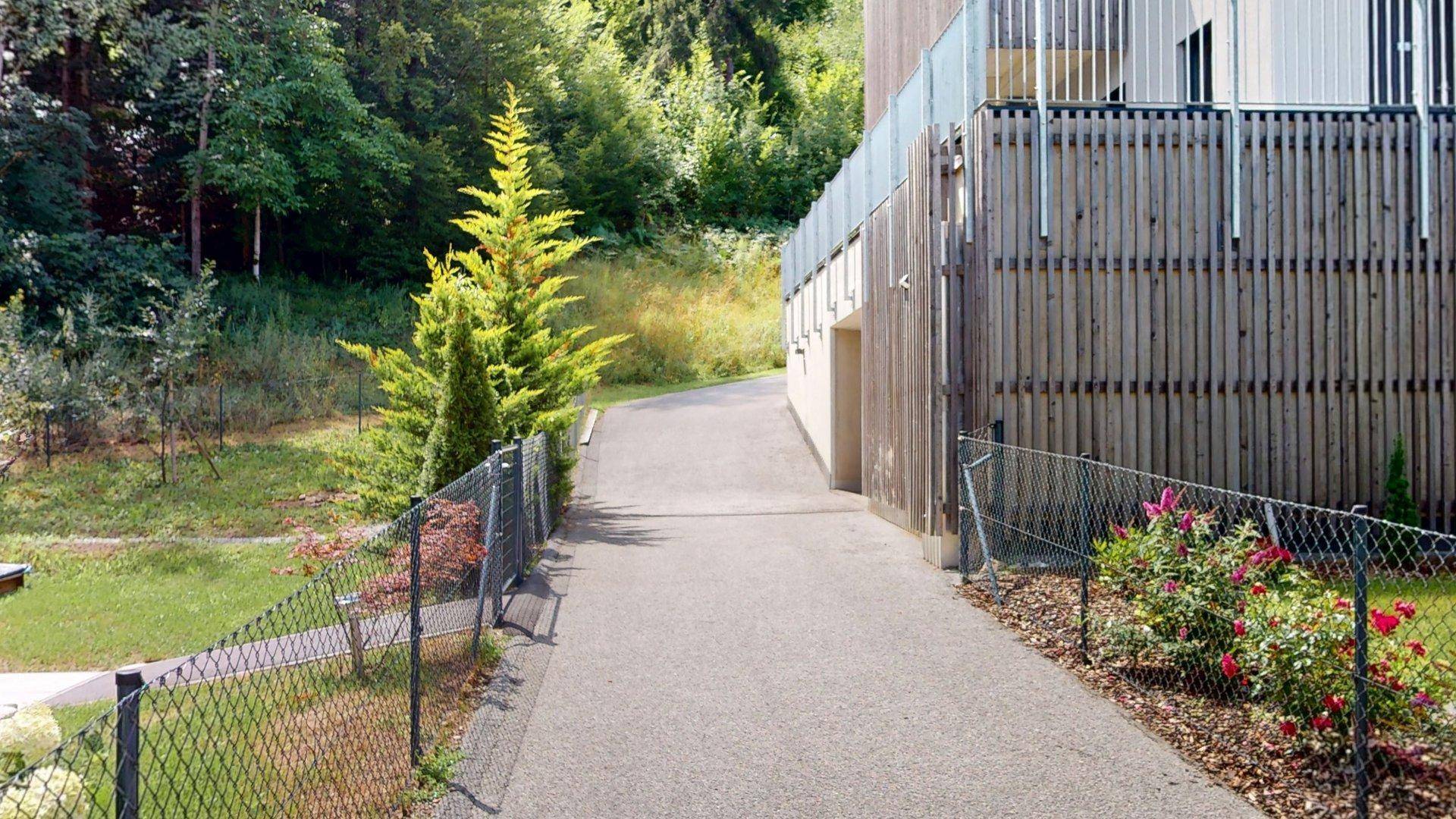 Zufahrtsweg zu einem Gebäude mit viel Grün und einem Zaun entlang des Weges.