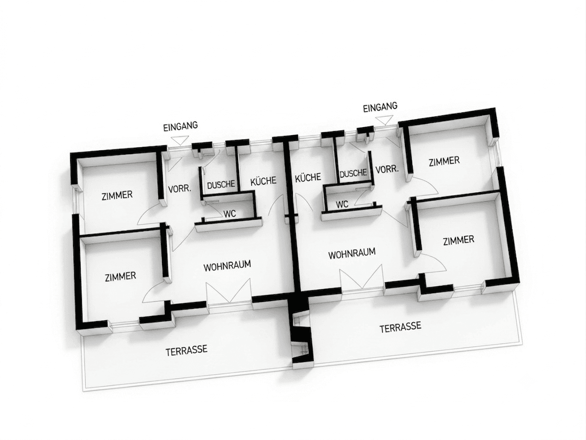 Grundrissplan zeigt zwei separate Wohneinheiten mit offenem Wohnbereich, Küche, Dusche, WC und Terrasse.