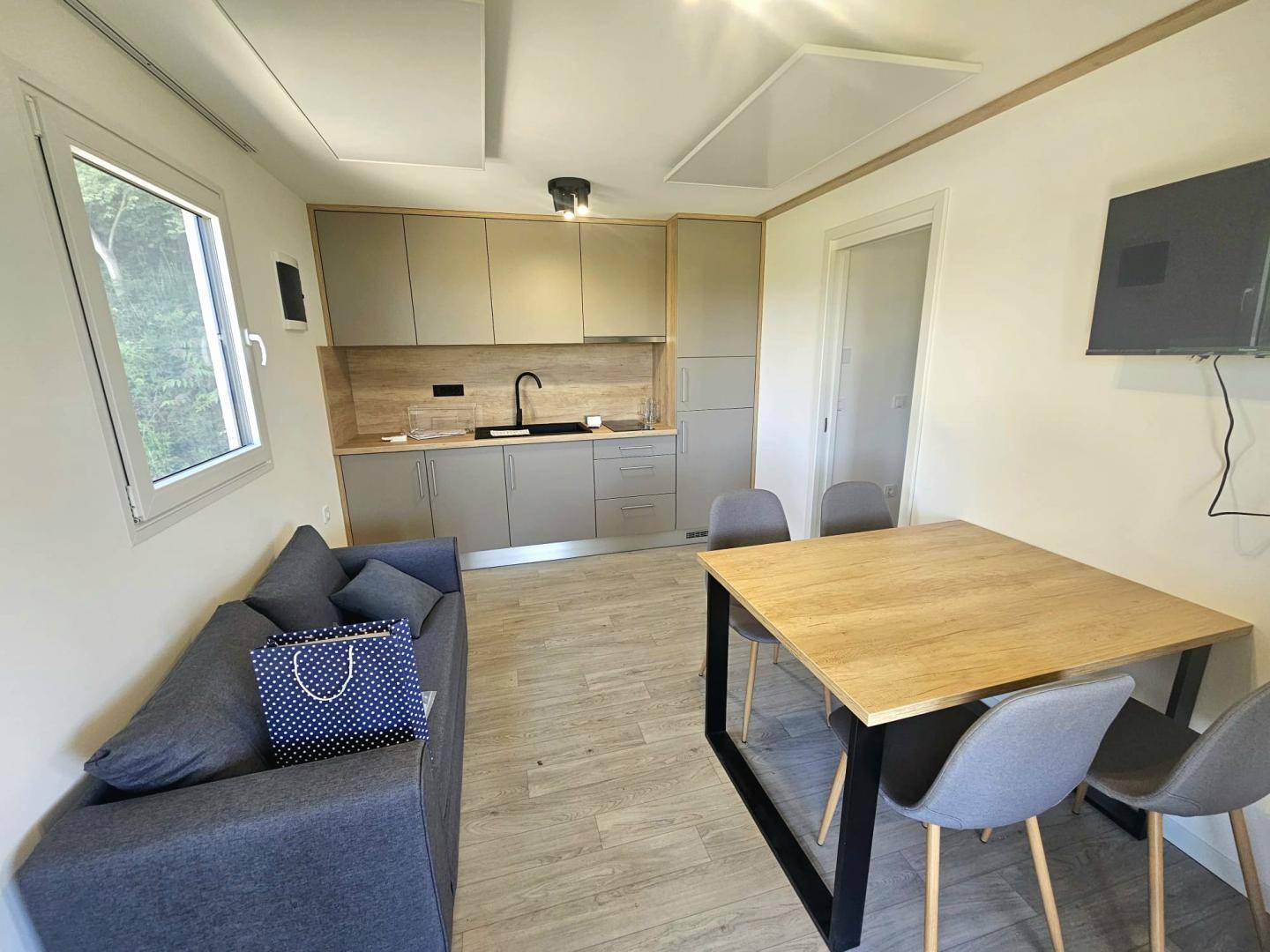 Offener Wohn-Essbereich mit Sofa, Esstisch und integrierter Küchenzeile.