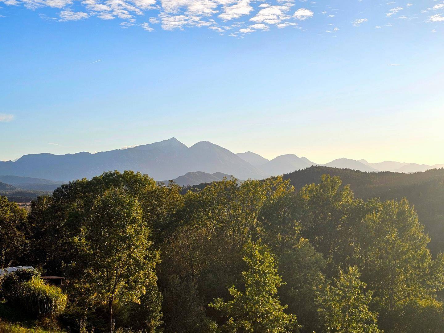 Panoramablick über grüne Wälder und sanfte Hügel bis zu den majestätischen Bergen am Horizont.