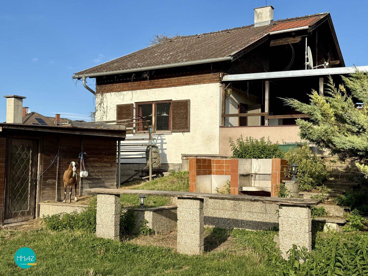 Außenansicht mit Garten und Grill
