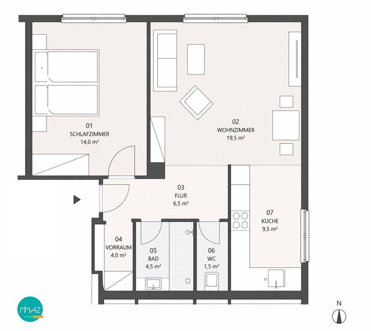 Grundriss einer Wohnung mit Schlafzimmer, Wohnzimmer, Küche und separatem Bad und WC.