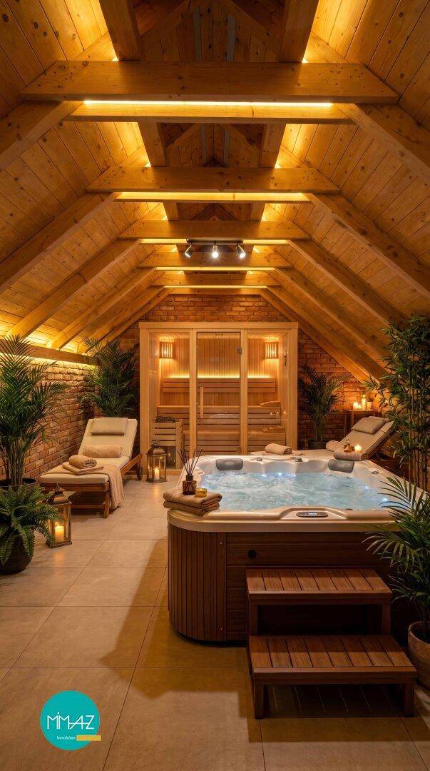 Luxuriöser Wellnessbereich im Dachgeschoss mit Whirlpool, Sauna und entspannender Beleuchtung.