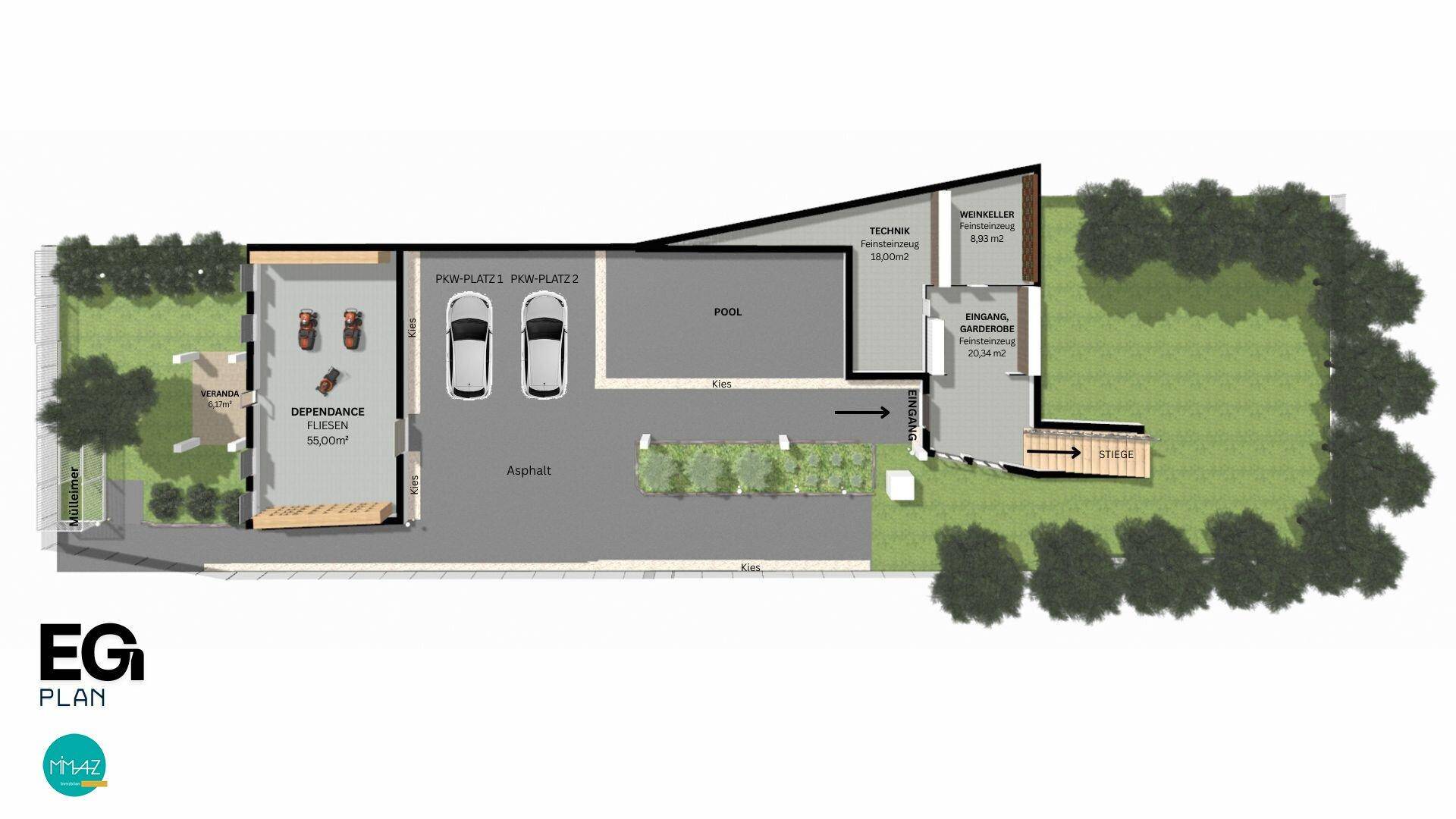 Grundriss des Erdgeschosses mit Pool, Parkplätzen und Eingangsbereich.