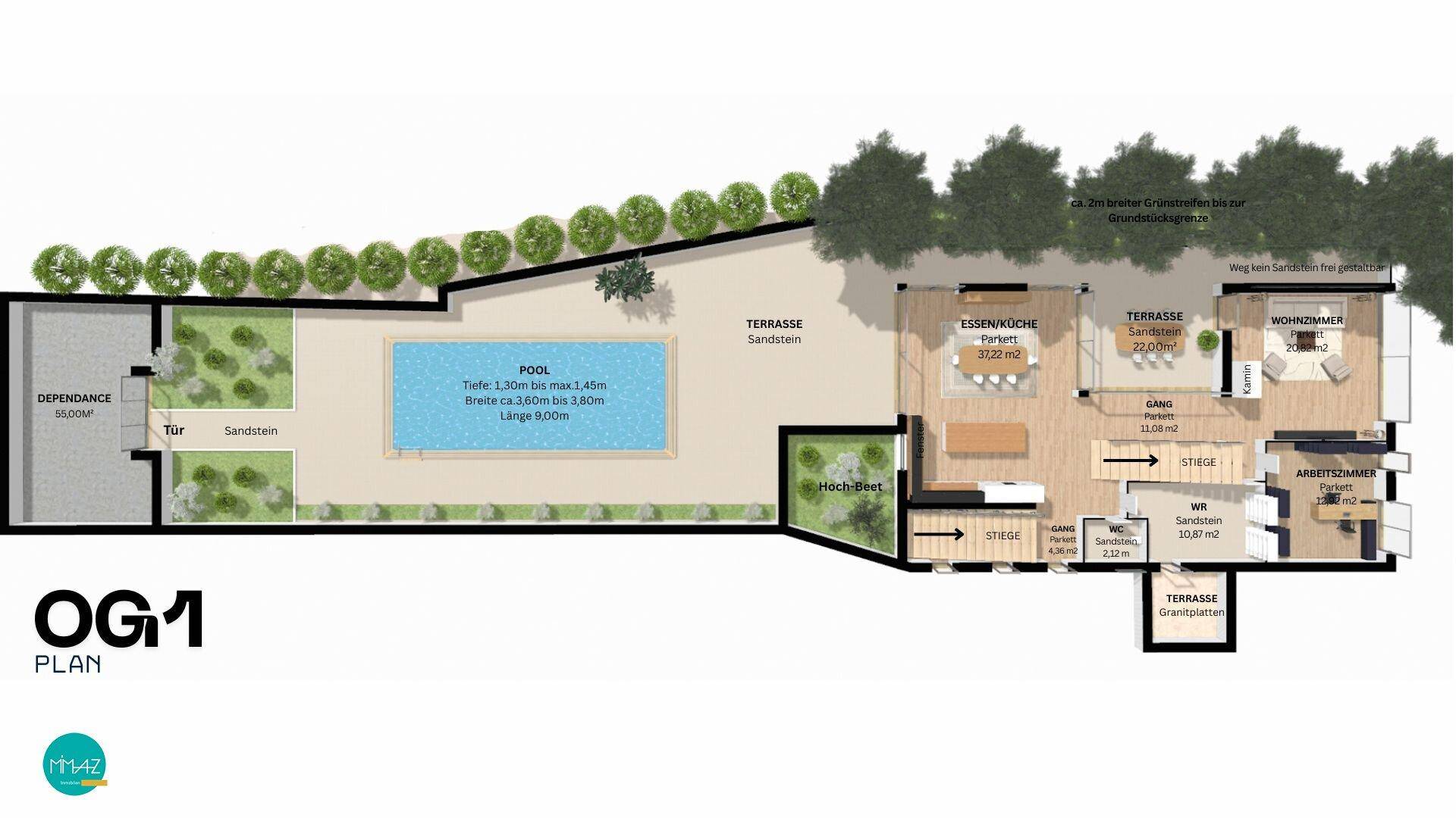 Grundriss des ersten Obergeschosses mit Wohnbereich, Küche, Schlafzimmer und Terrasse.