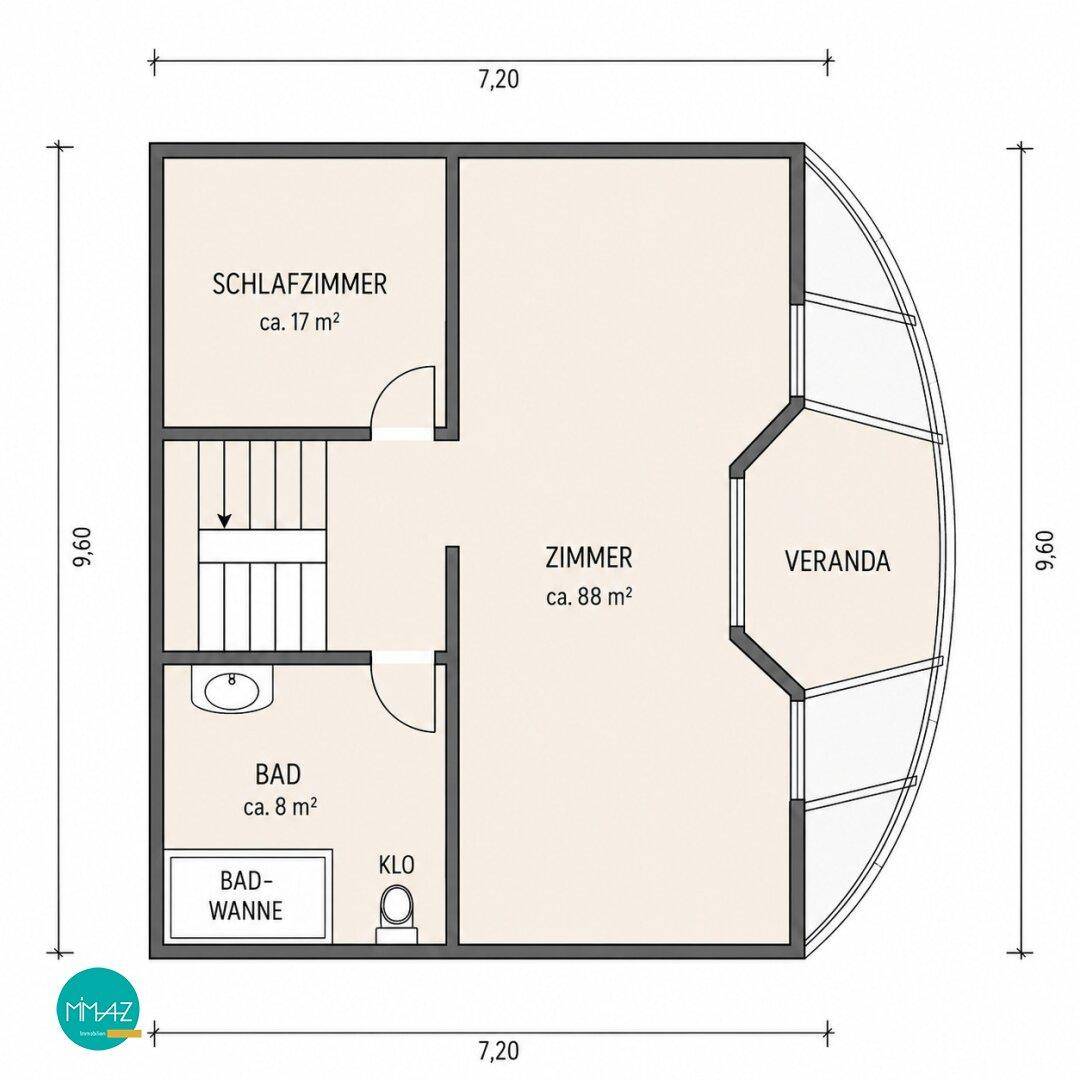 Grundriss des Dachgeschosses mit Schlafzimmer, Bad und Veranda.