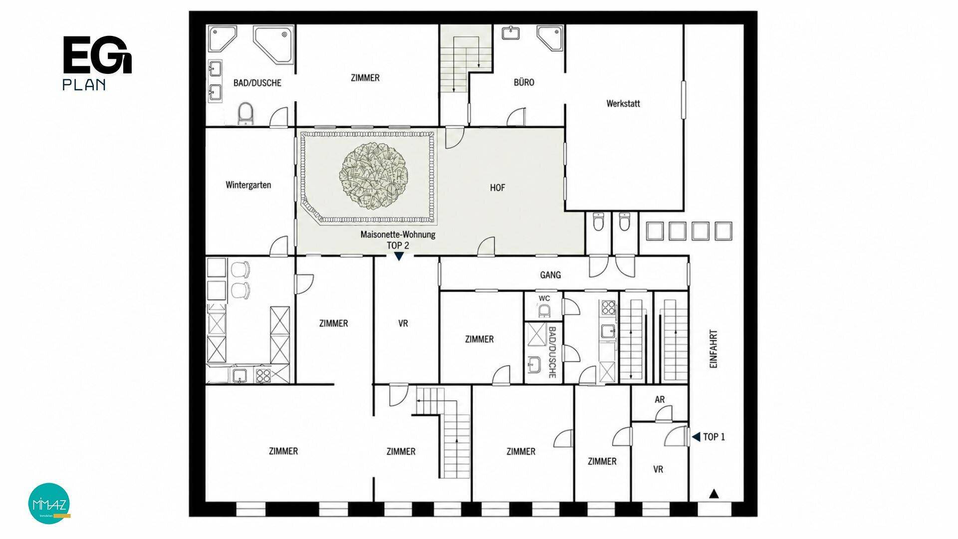 Grundriss des Erdgeschosses mit verschiedenen Zimmern, Wintergarten und Hofbereich.