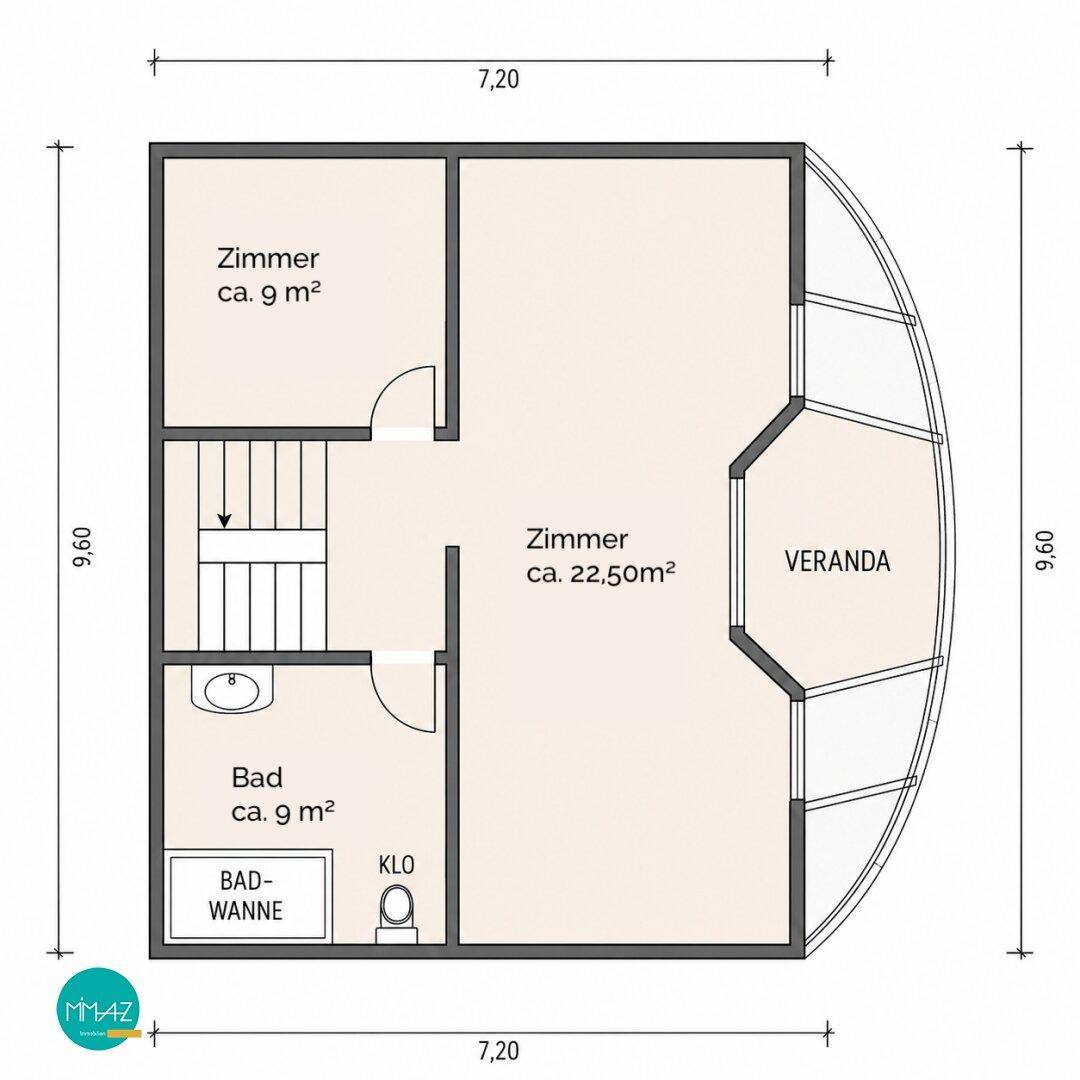 Grundrissplan zeigt mehrere Zimmer, ein Badezimmer mit Badewanne, ein separates WC und eine Veranda.