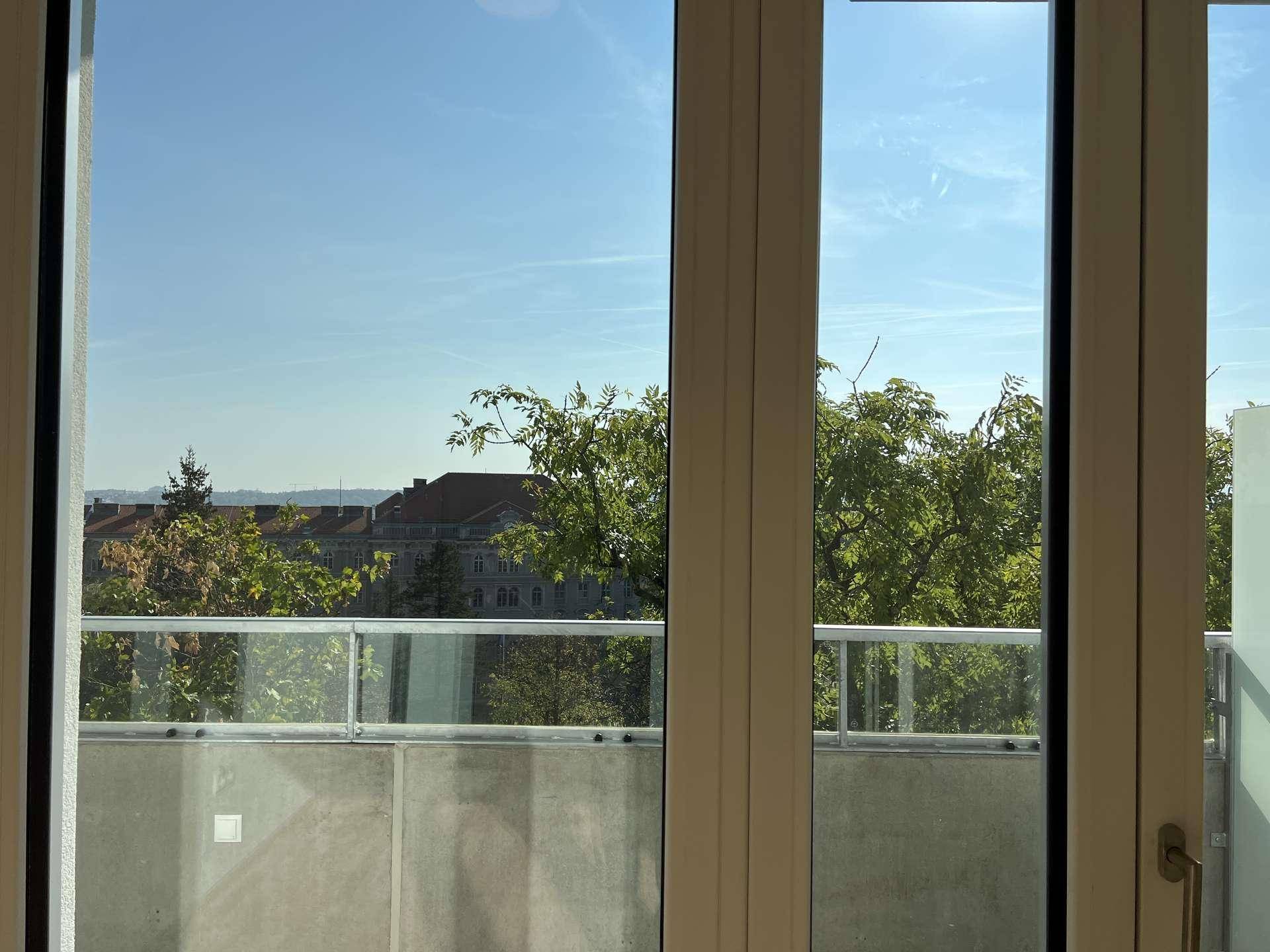 Blick vom Balkon auf grüne Bäume und die umliegende Stadtlandschaft unter blauem Himmel.
