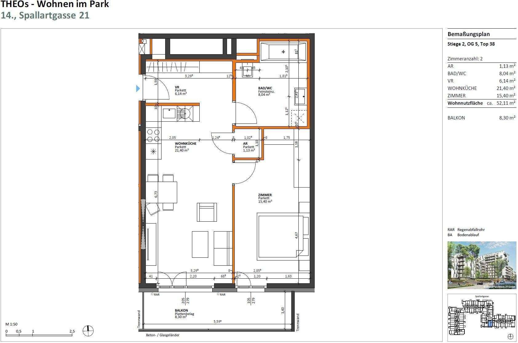 Grundriss der Wohnung mit Raumaufteilung, Balkon und Maßen.