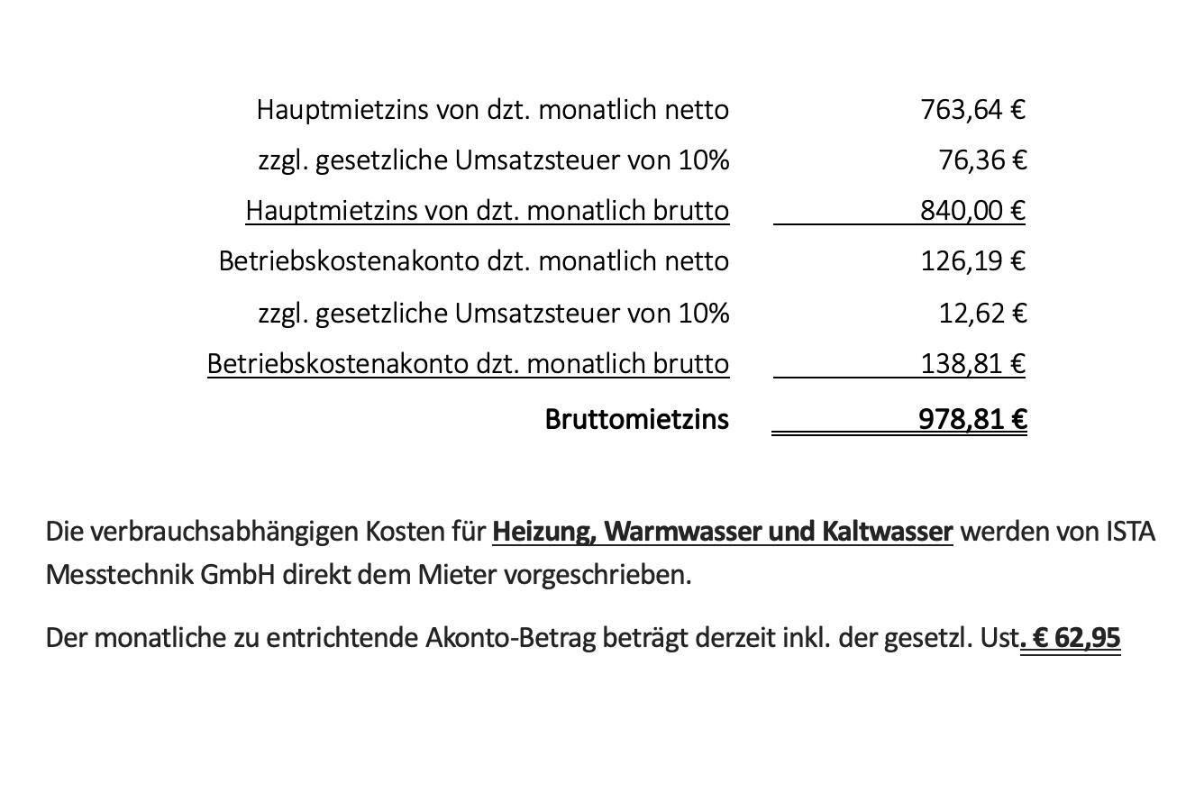 Preisdetails Miete/BK