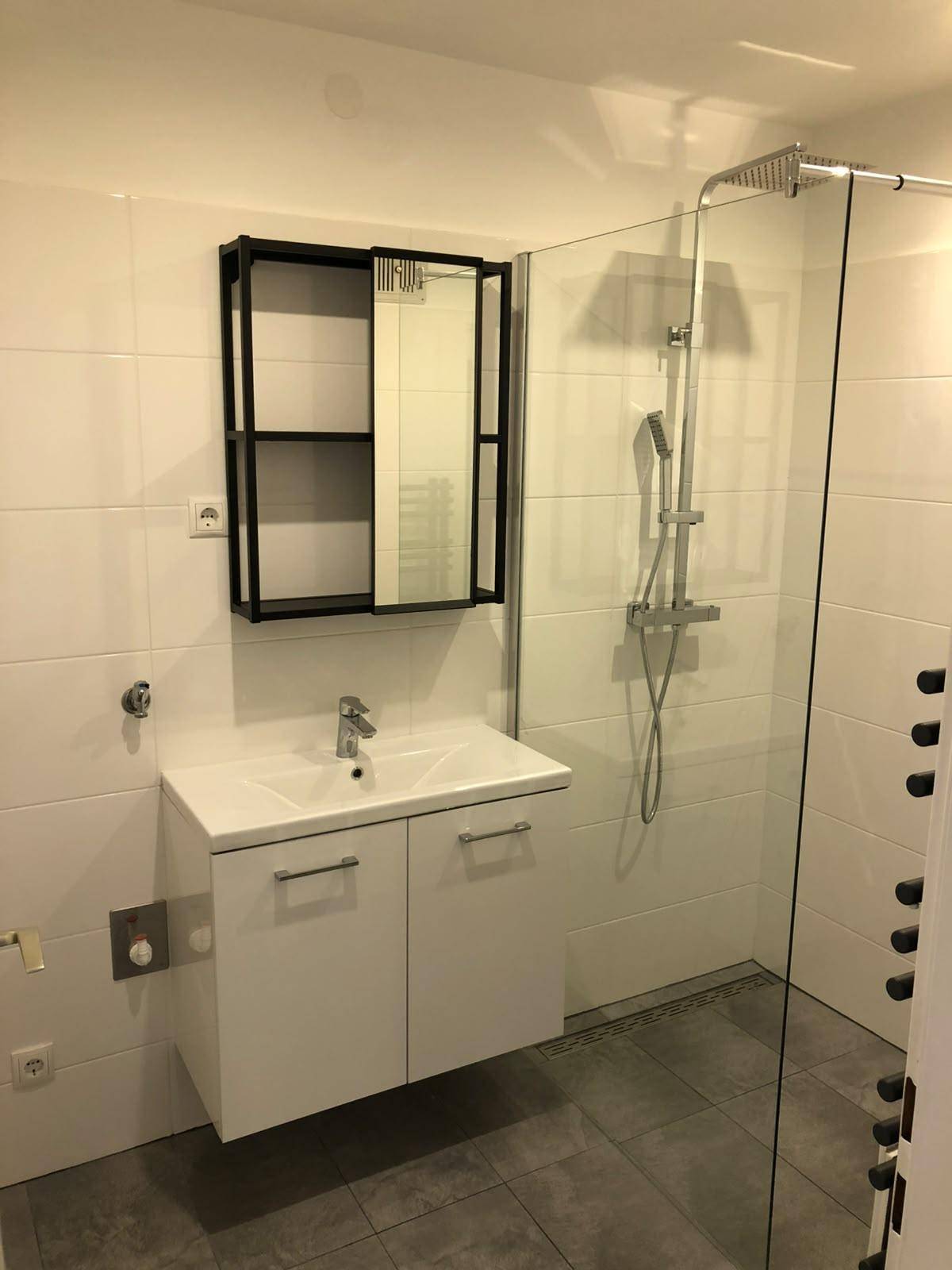 Modernes Badezimmer mit ebenerdiger Dusche, Waschtisch und schwarzem Spiegelschrank.