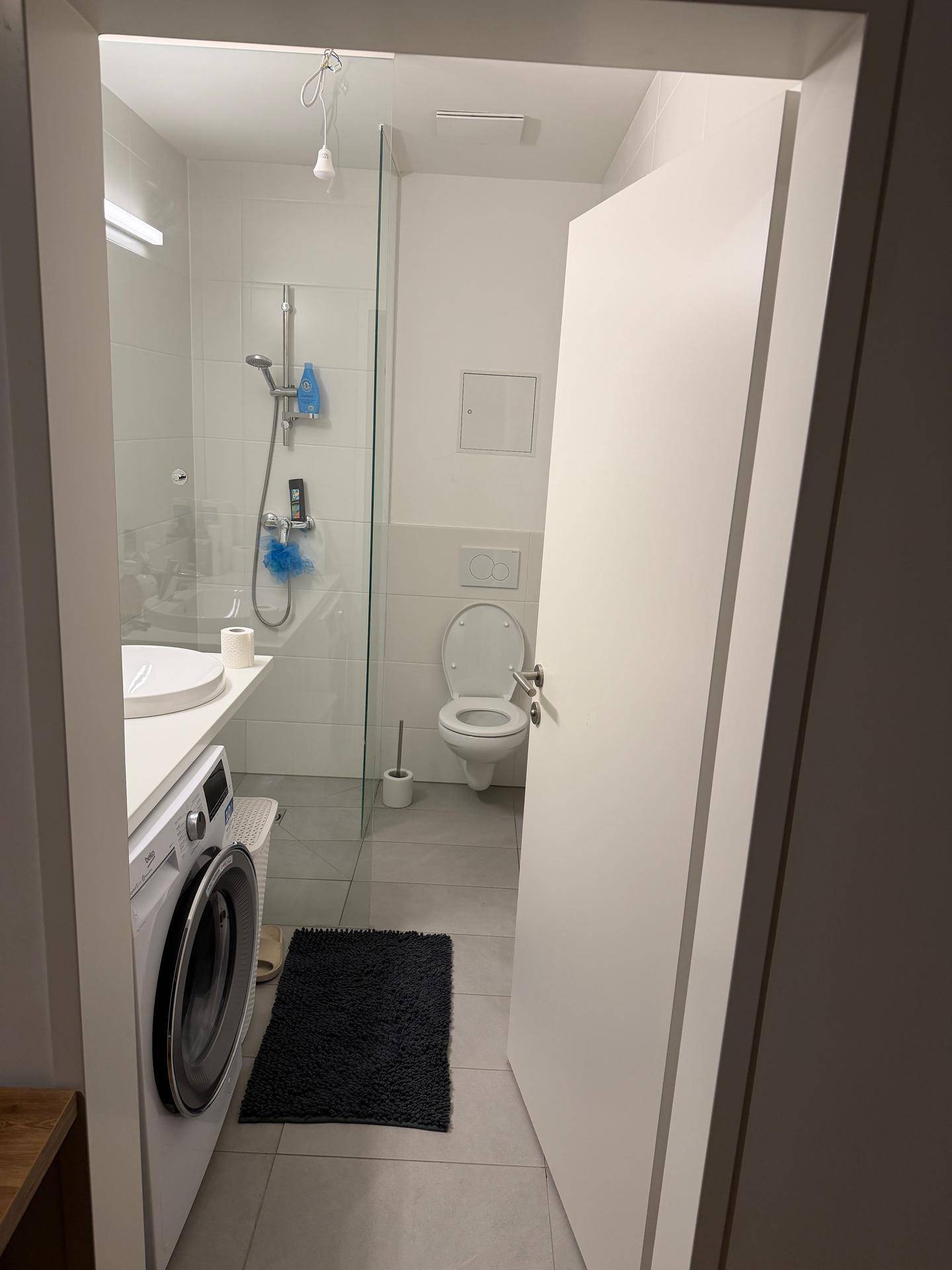 Modernes Badezimmer mit ebenerdiger Dusche, WC, Waschbecken und integrierter Waschmaschine.