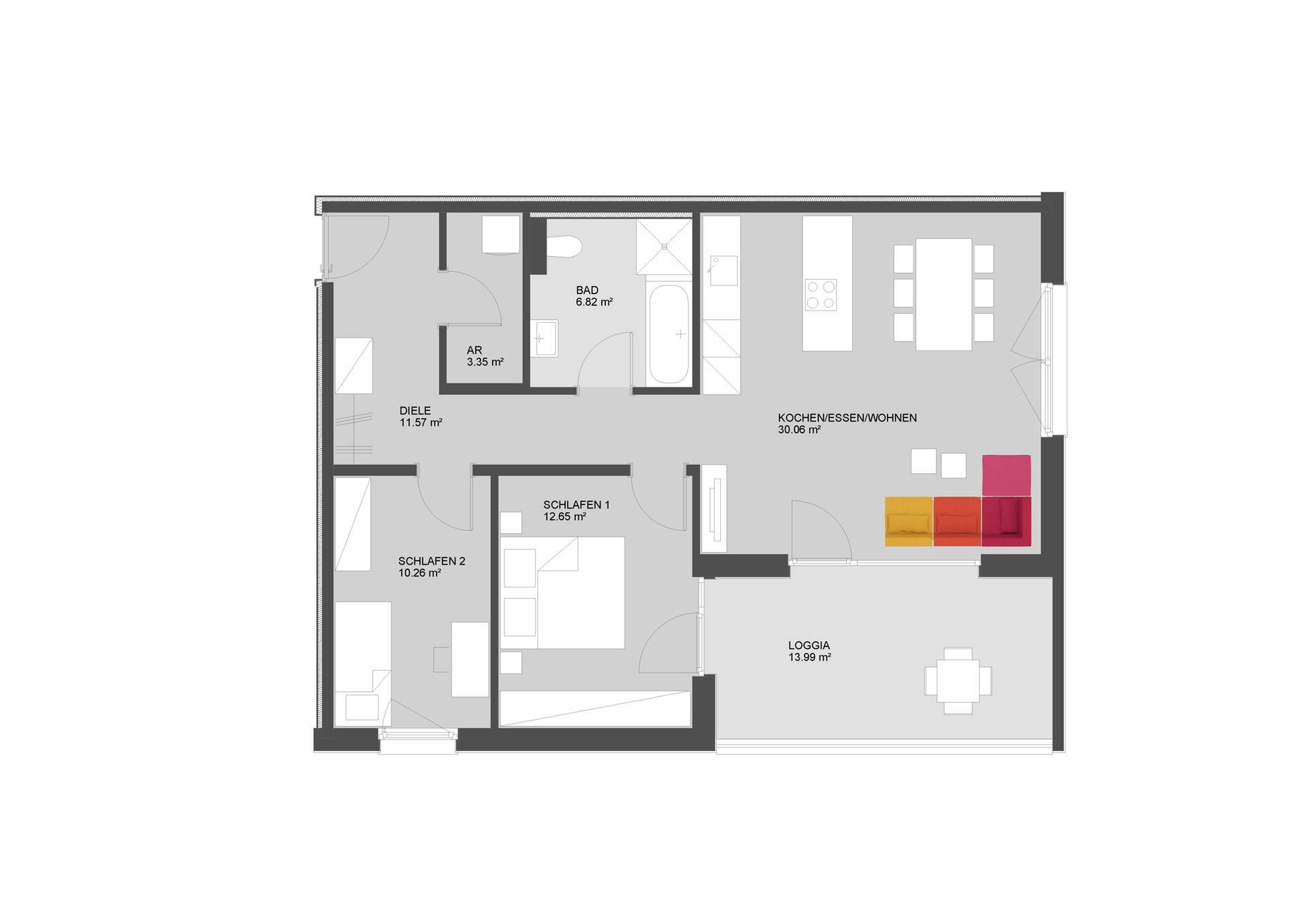 Detaillierter Grundriss einer Wohnung mit zwei Schlafzimmern, offenem Wohnbereich und Loggia.