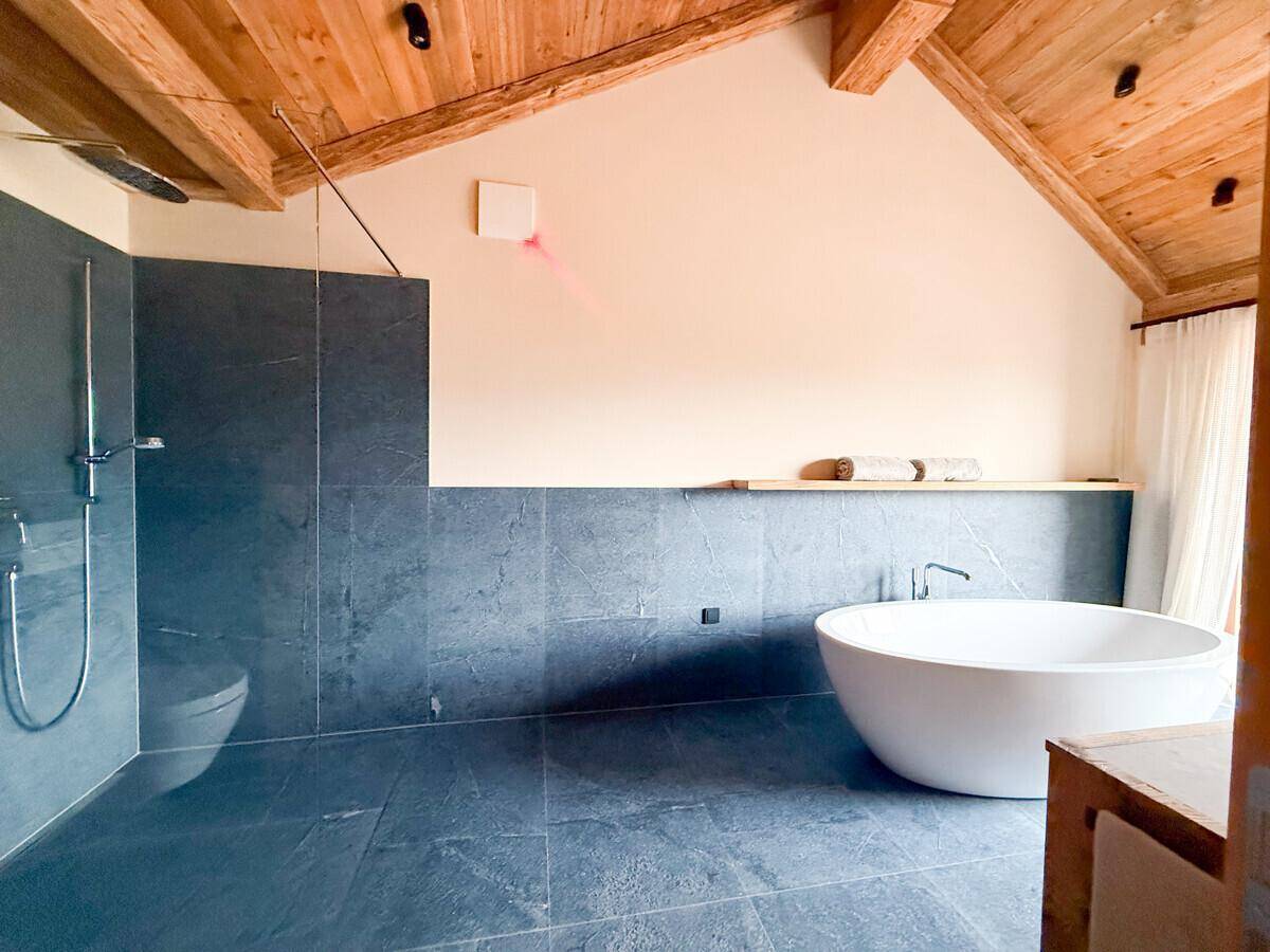 Modernes Badezimmer mit freistehender Badewanne, begehbarer Dusche und dunklen Fliesen.