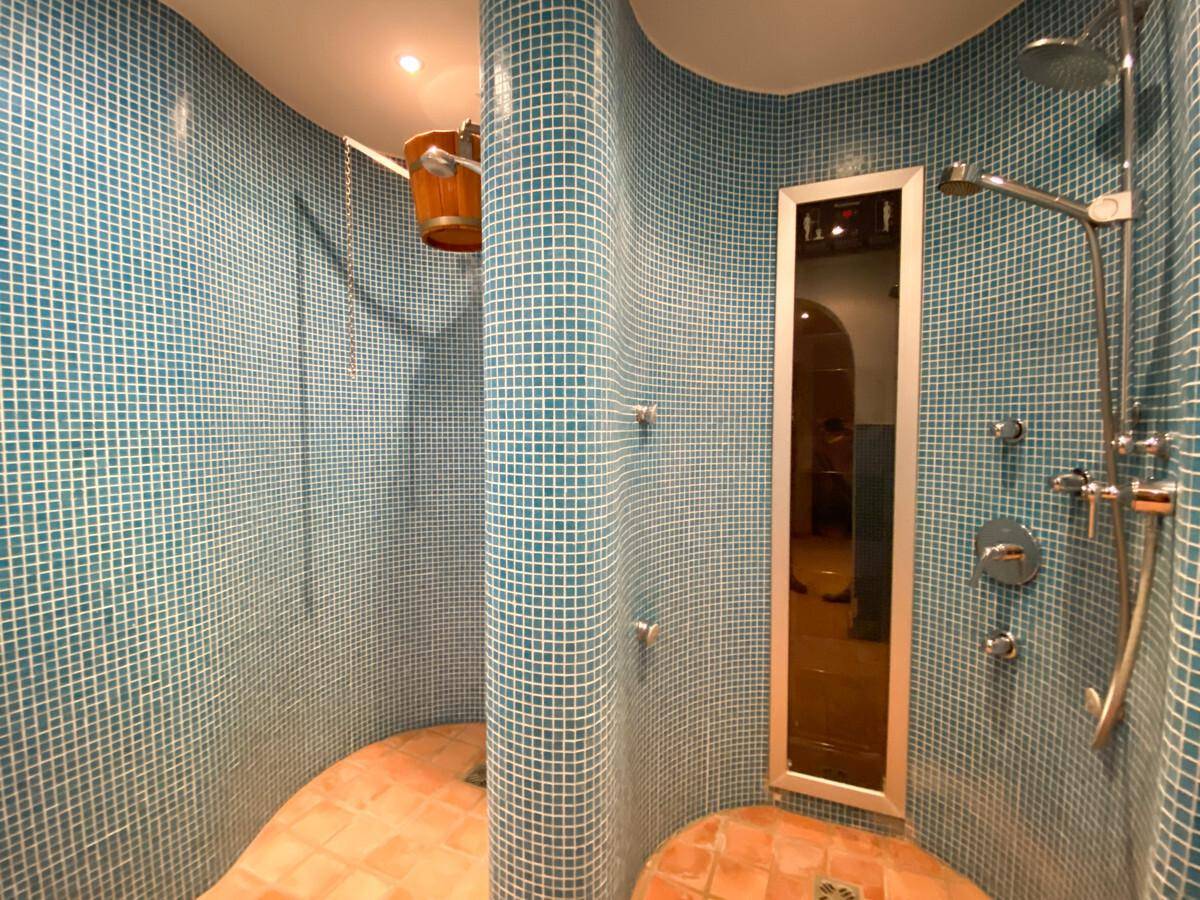 Modernes Duschbad mit blauen Mosaikfliesen und Terrakotta-Bodenfliesen.