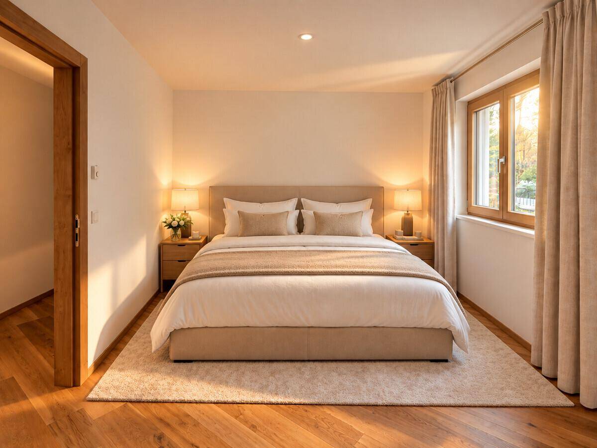 Gemütliches Schlafzimmer mit Holzboden, großem Bett und warmem Licht.