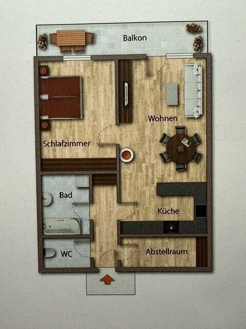 Grundriss einer Wohnung mit Schlafzimmer, Wohn-Essbereich, separater Küche, Bad, WC und Balkon.