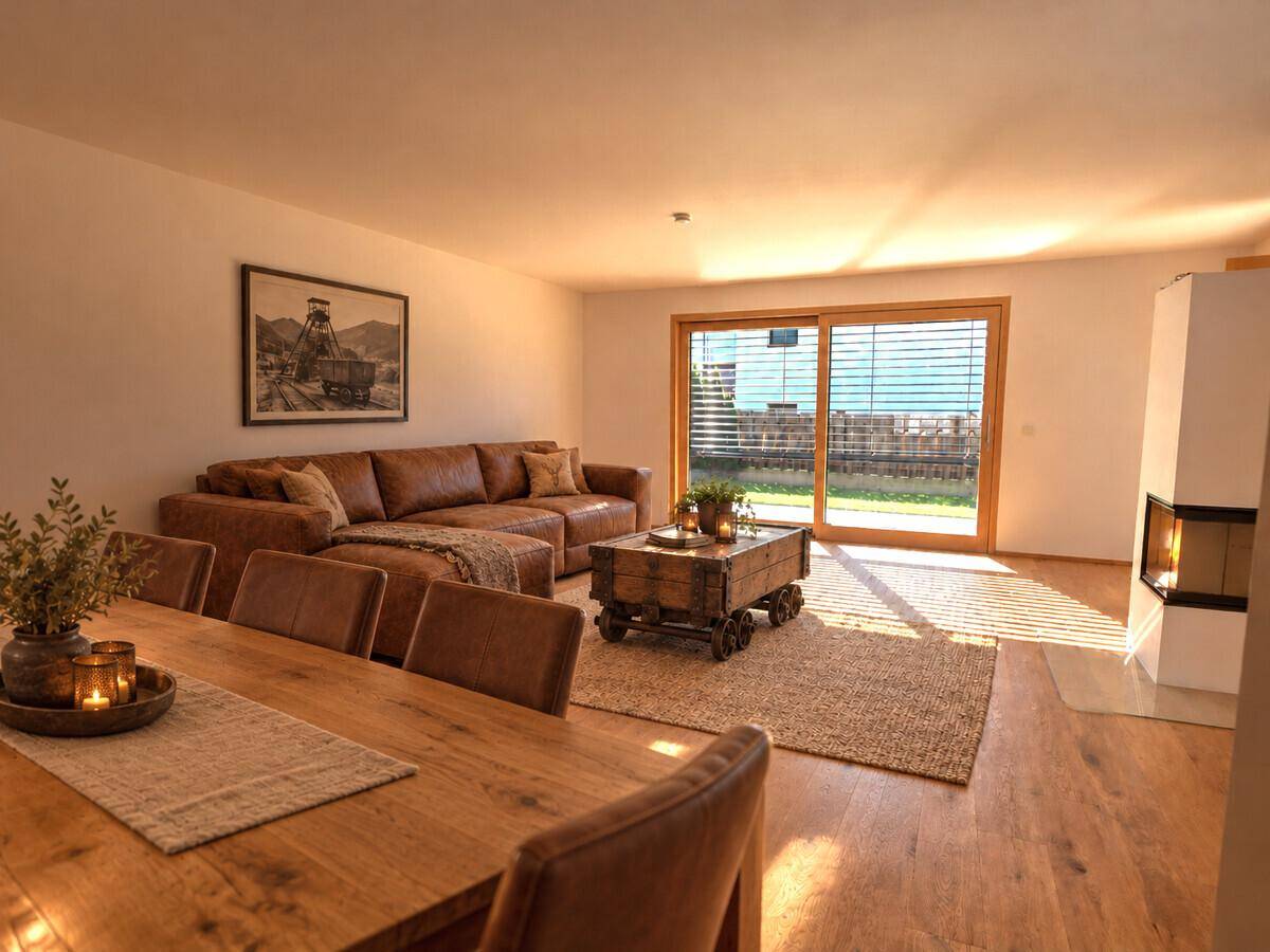 Gemütlicher Wohn- und Essbereich mit Ledersofa, Holztisch und Kamin, hell durch große Terrassentür.