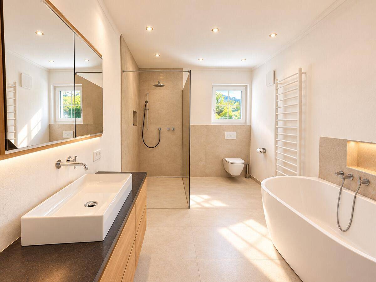 Modernes Badezimmer mit freistehender Badewanne, begehbarer Dusche und Doppelwaschbecken.