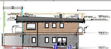 Seitenansicht des Gebäudes als architektonische Zeichnung mit Fenstern und Dachlinie.