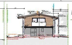 Architektonische Zeichnung der Gebäudefassade mit Balkon und Satteldach.