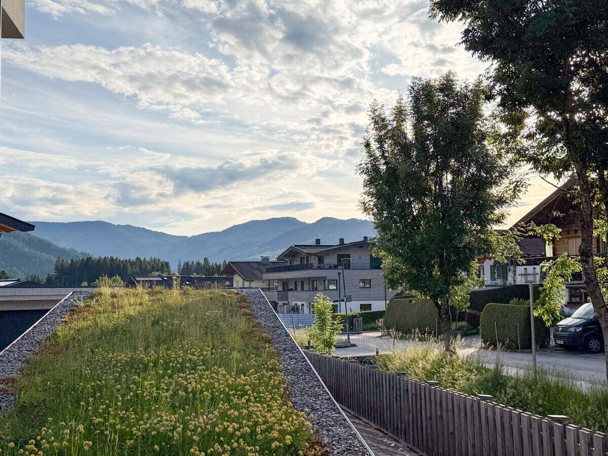 Malerischer Blick auf die umliegende Berglandschaft und grüne Dächer bei Sonnenuntergang.