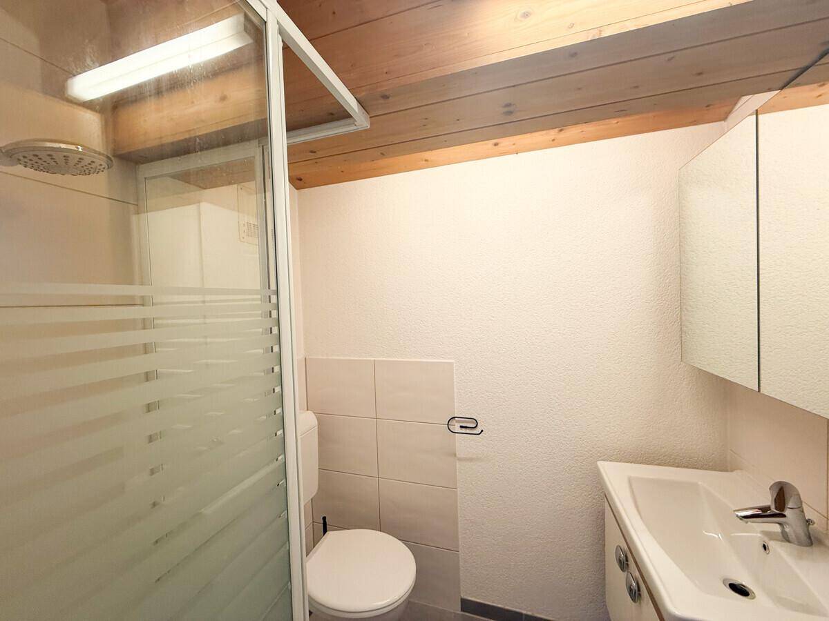 Kleines Badezimmer mit Dusche, WC und Waschbecken unter einer Holzbalkendecke.