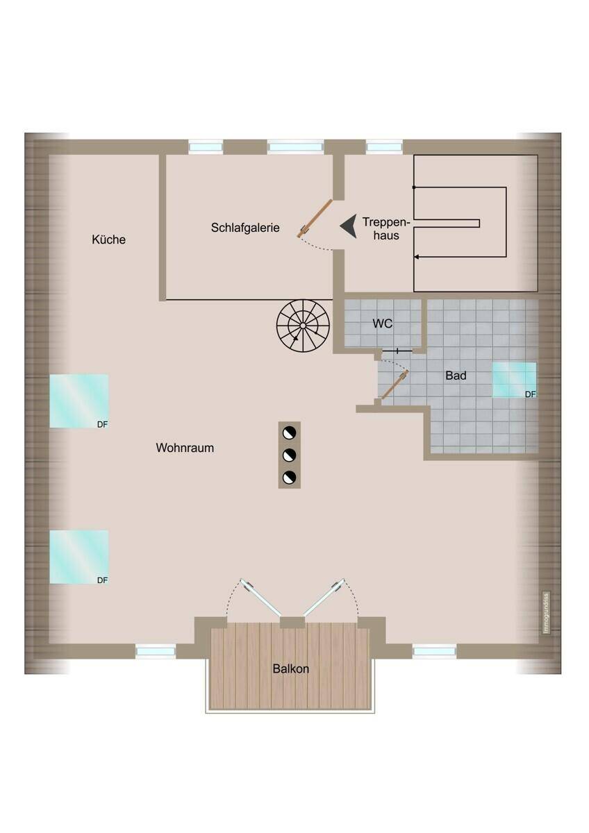 Grundriss der Dachgeschosswohnung mit offener Küche, Schlafgalerie und Balkon.