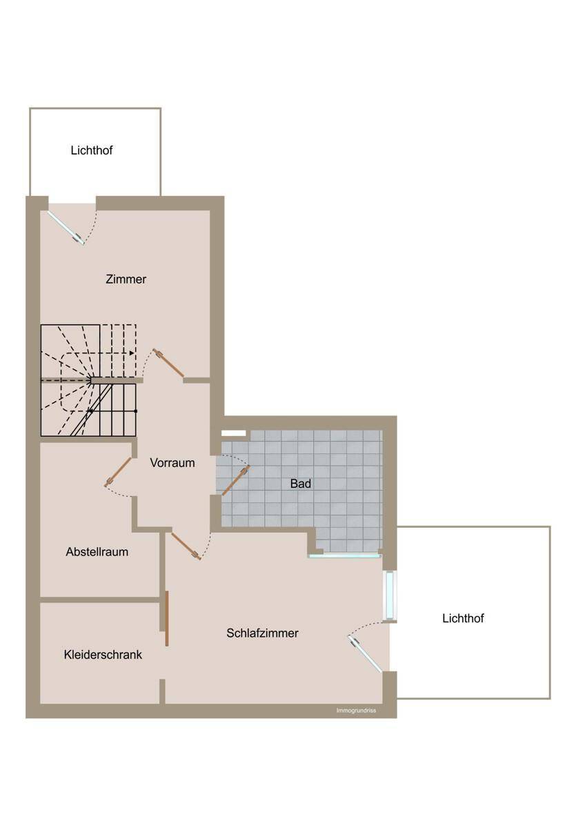 Grundriss des Obergeschosses mit Schlafzimmern, Bad, Abstellraum und Lichthof.